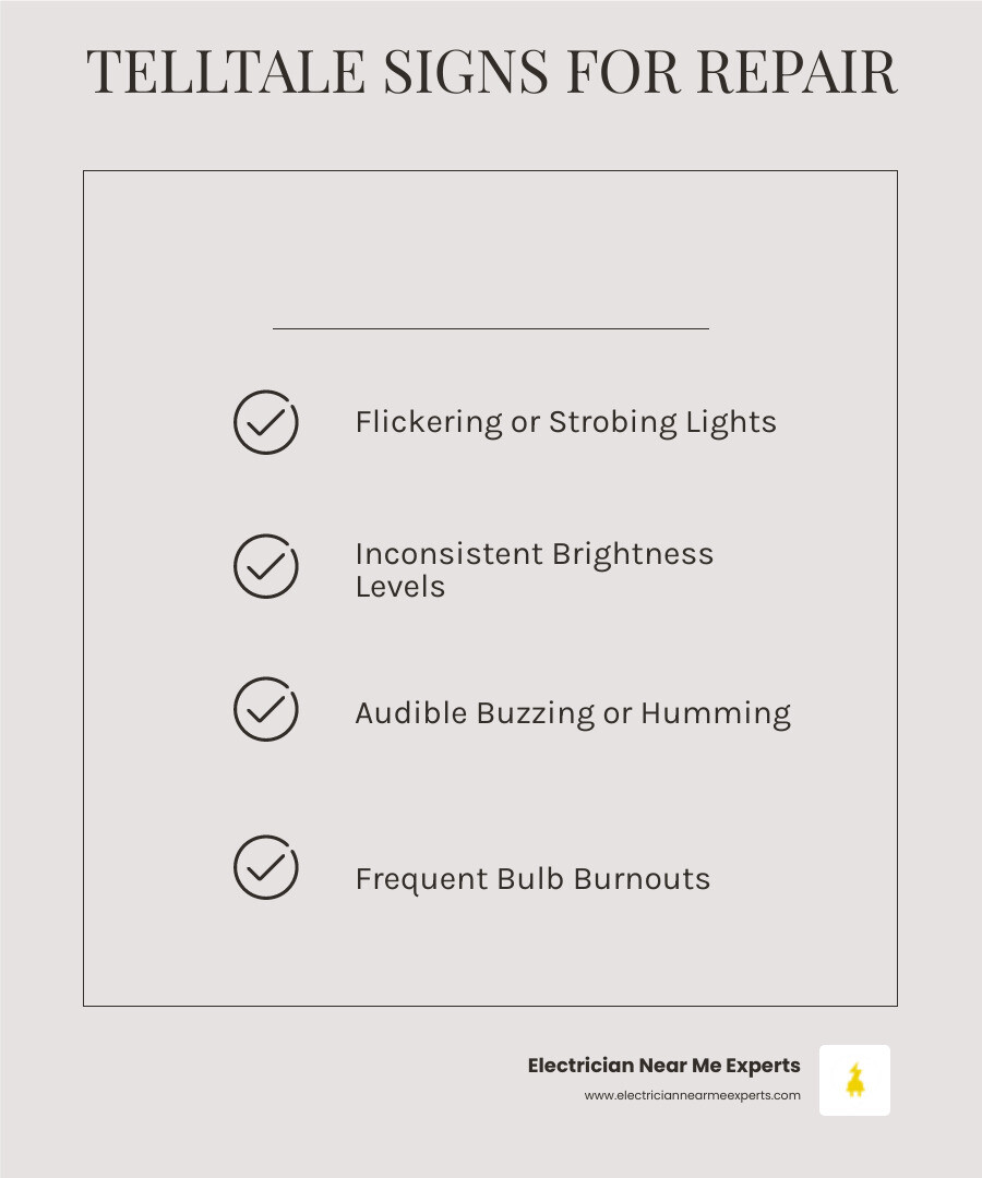 Infographic showing warning signs that commercial lighting needs professional repair: flickering or strobing lights, inconsistent brightness levels, audible buzzing or humming sounds from fixtures, frequent bulb burnouts requiring constant replacement, discolored fixtures or ceiling stains indicating overheating, and circuit breakers tripping repeatedly - commercial lighting repair in mckinney, tx infographic checklist-light-beige Infographic showing warning signs that commercial lighting needs professional repair: flickering or strobing lights, inconsistent brightness levels, audible buzzing or humming sounds from fixtures, frequent bulb burnouts requiring constant replacement, discolored fixtures or ceiling stains indicating overheating, and circuit breakers tripping repeatedly - commercial lighting repair in mckinney, tx infographic checklist-light-beige