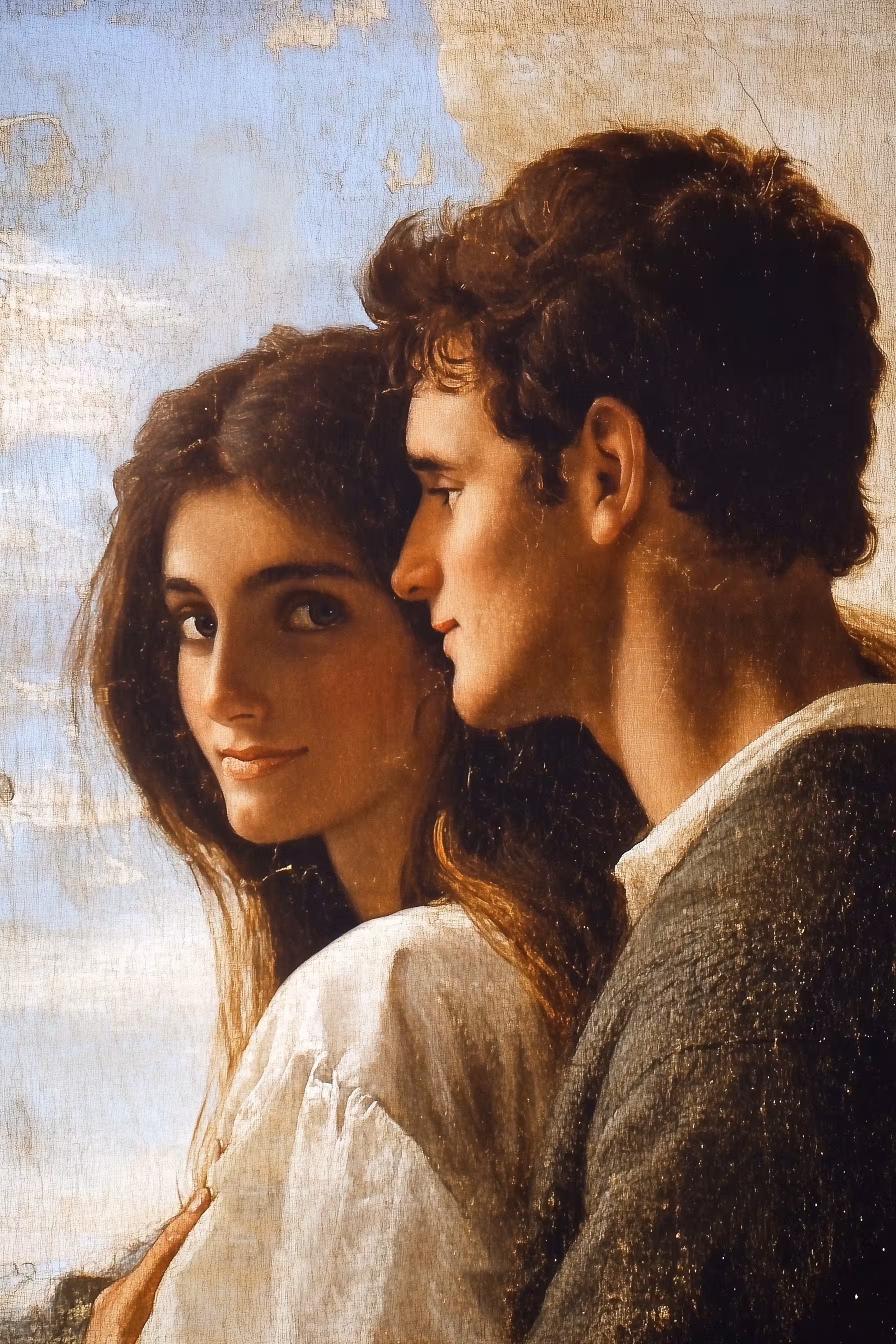 Classical painting of a young woman and man side by side.