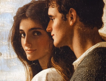 Classical painting of a young woman and man side by side.