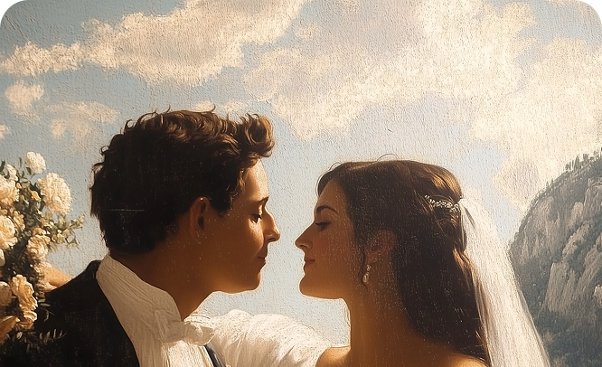 Classical painting of a young woman and man side by side.