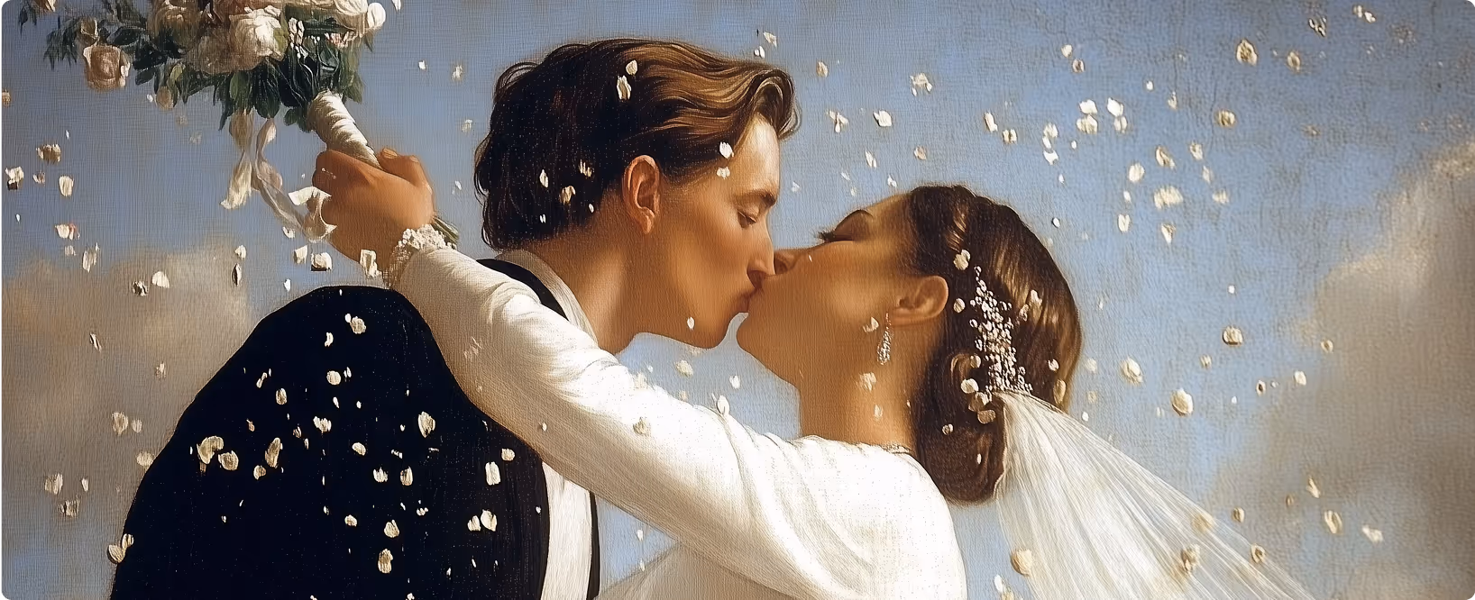 Newlyweds kiss indoors