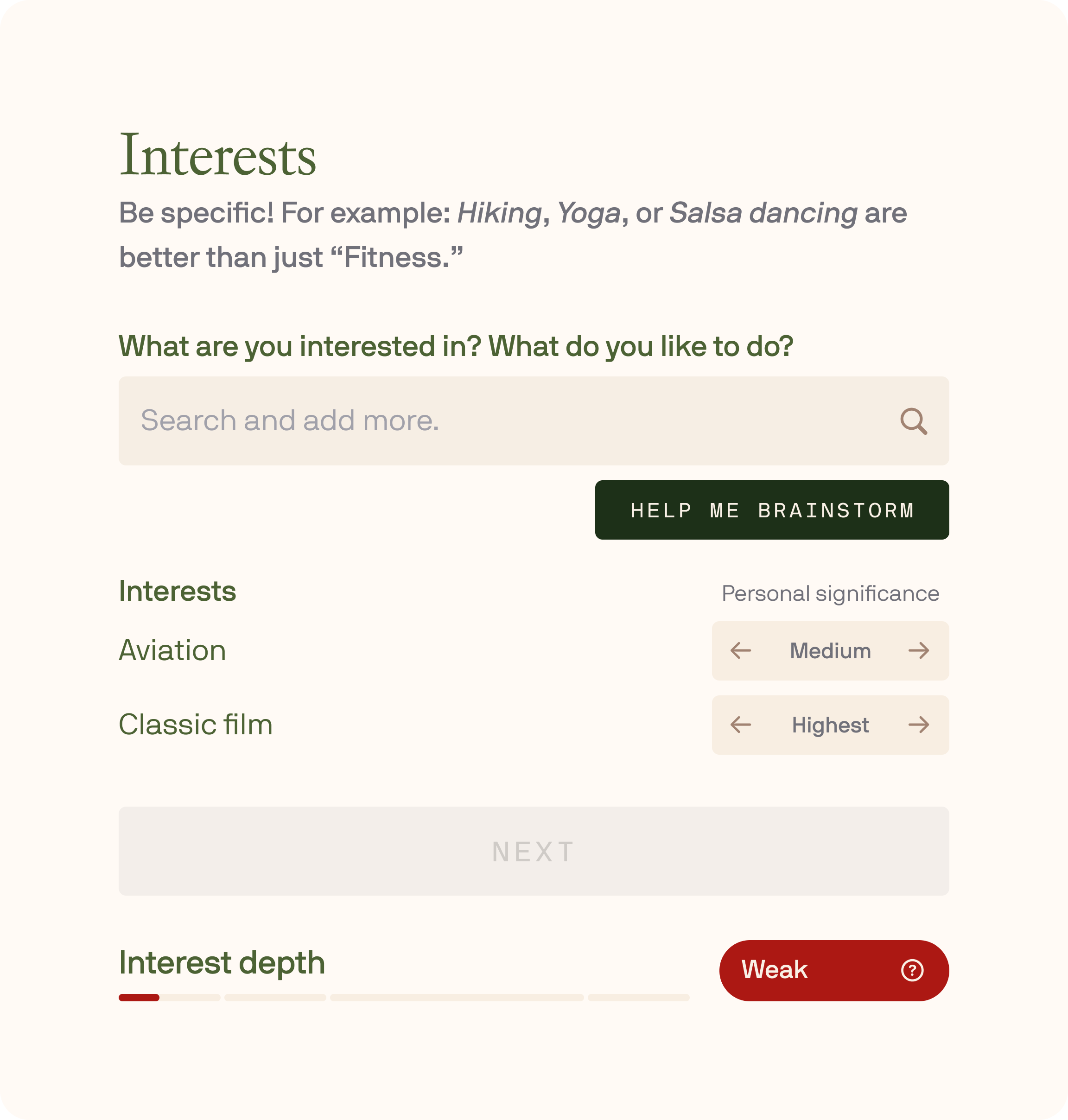 Demonstration of the Interests step