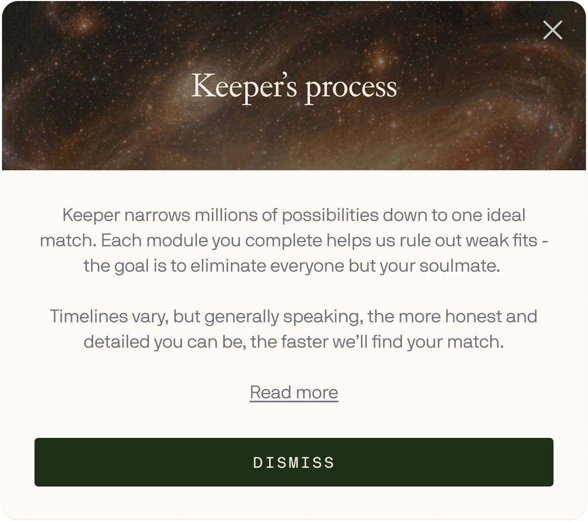 Example of modal explaining Keeper's process