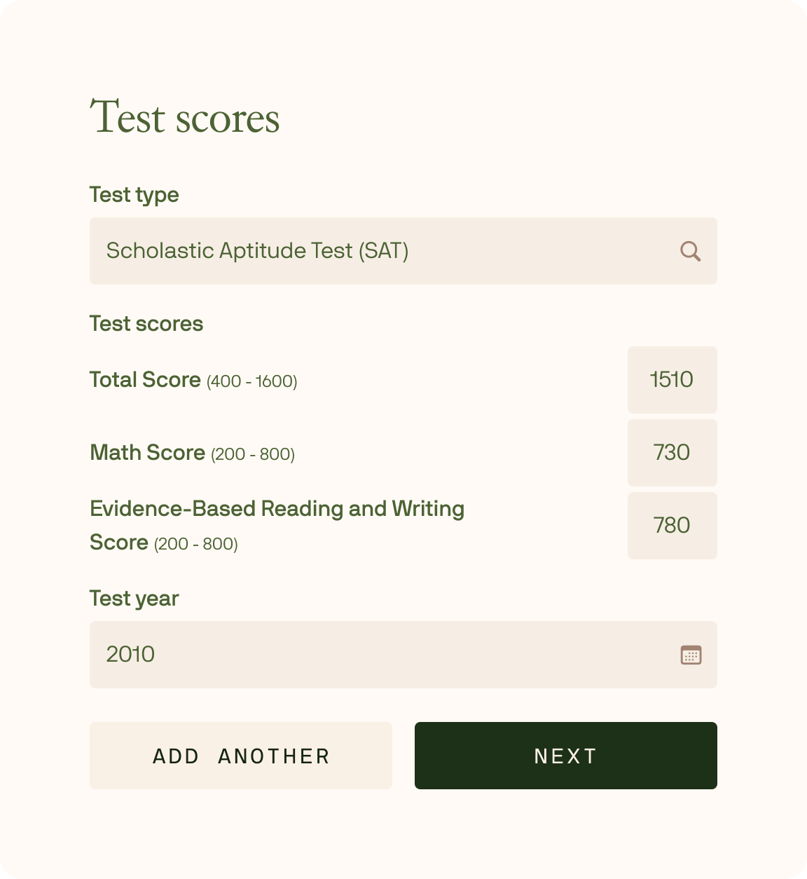 Demonstration of Test Scores step