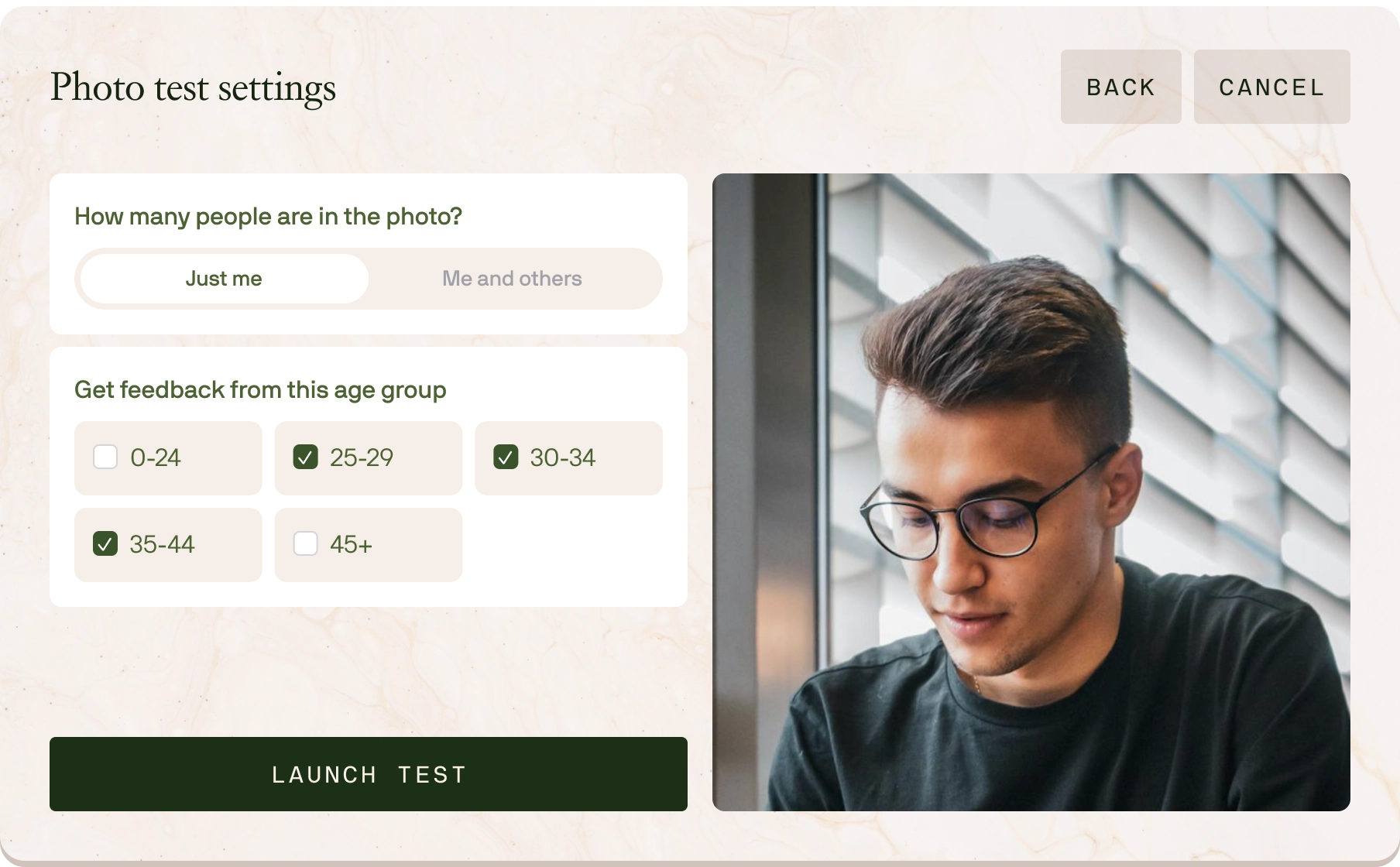 Photo Testing settings page