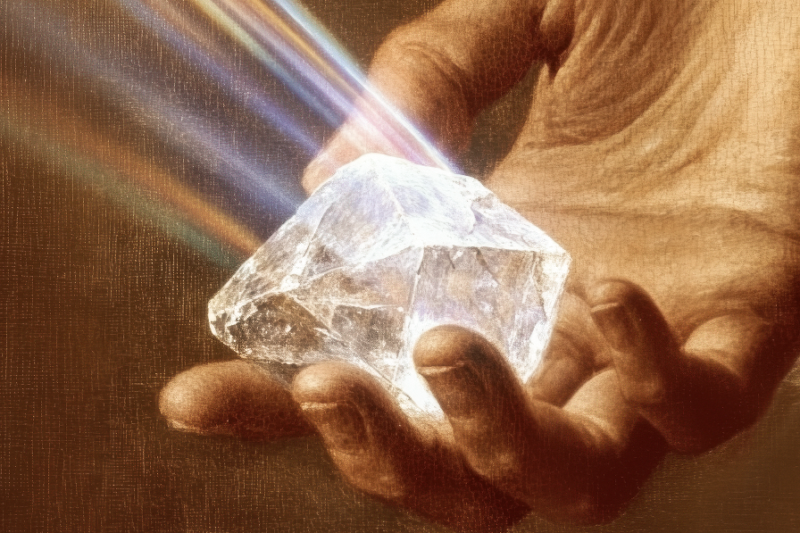 A hand holding a stunning radiant crystal