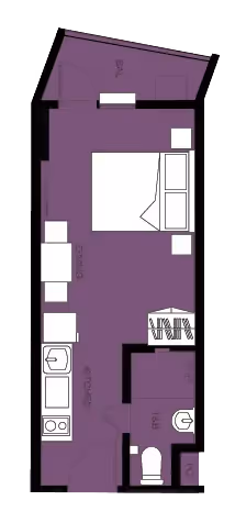 Condo layout with one dining area, a kitchen, and an open-plan sleeping area.