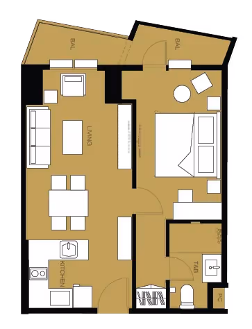 Condo layout with two balconies, one bedroom, one living area, one kitchen, and a toilet and bath (T&B).