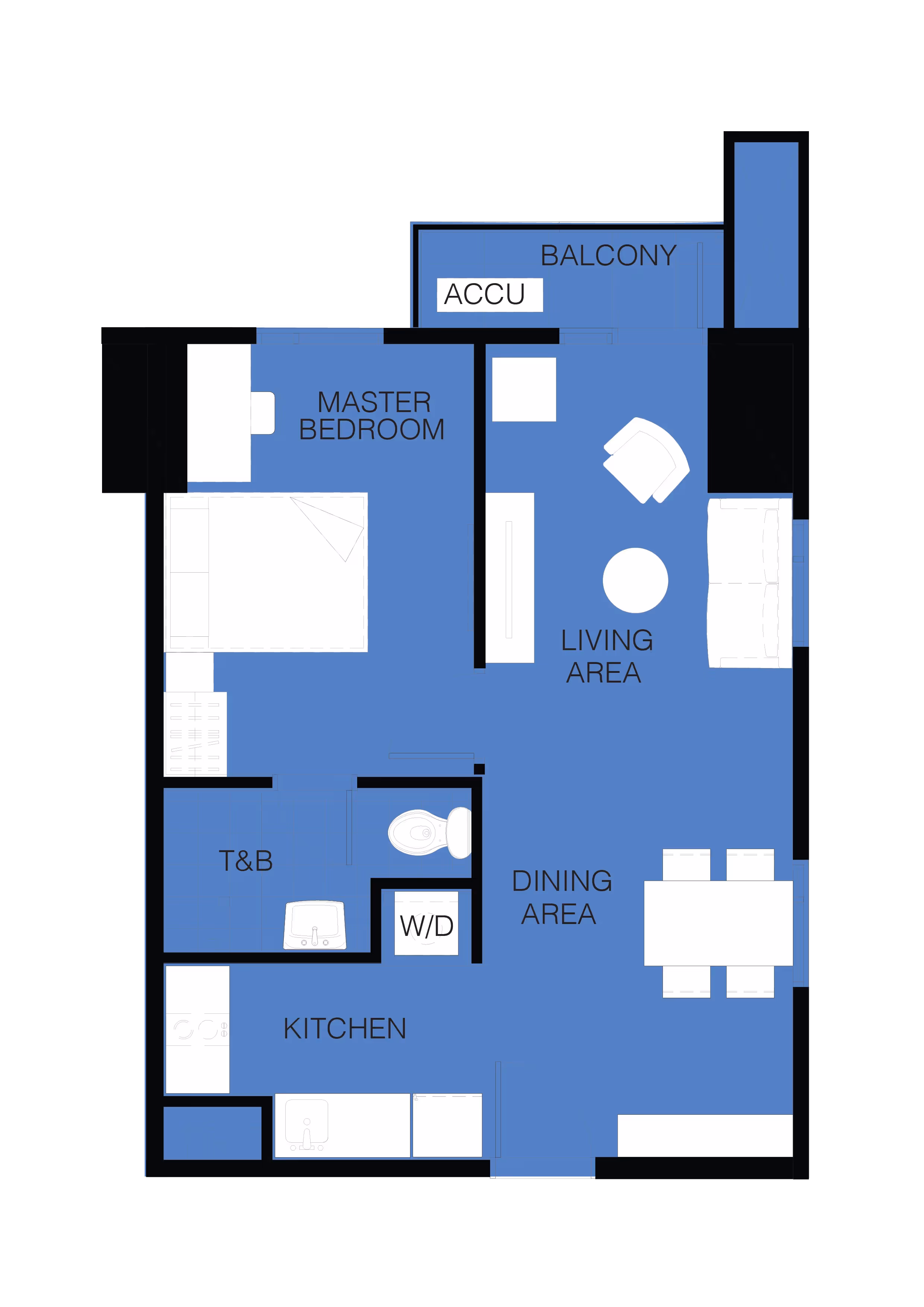 1-bedroom unit layout with labeled areas including kitchen, T&B, dining, living, and balcony.