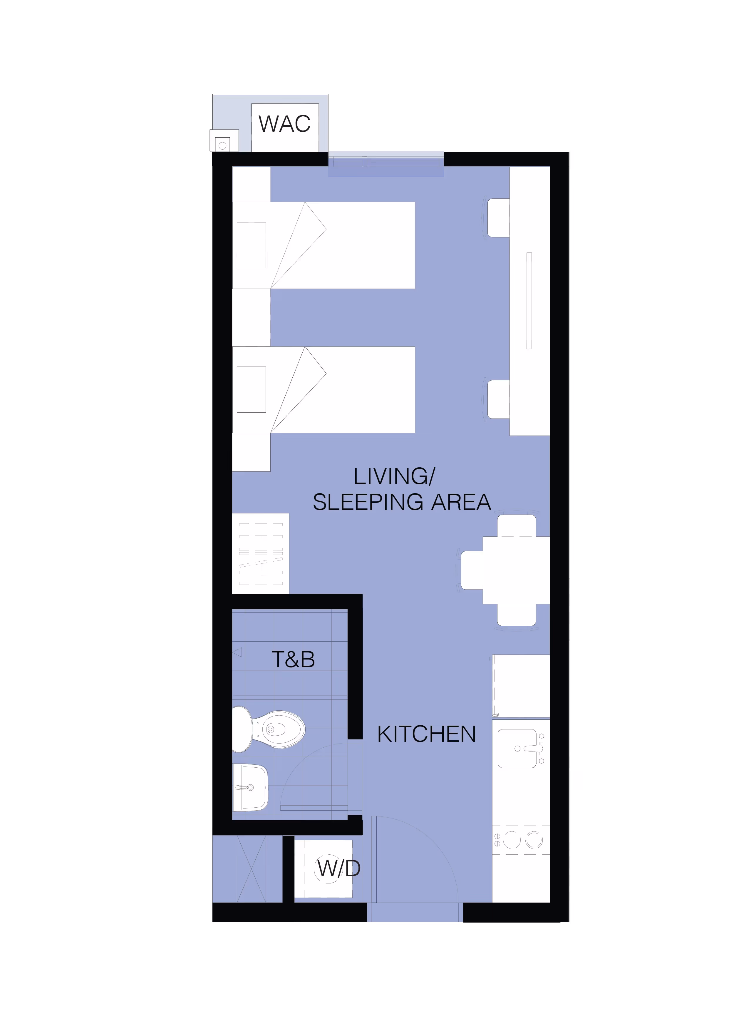 Compact layout with kitchen, T&B, sleeping area, and WAC.