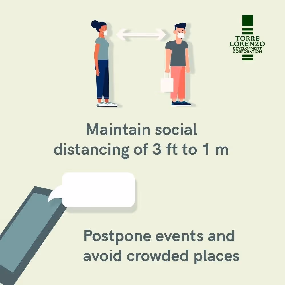 Infographic promoting 3 ft to 1 m distancing and avoiding crowds.