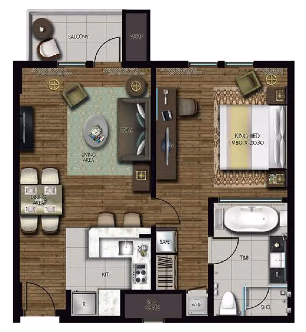 One-bedroom unit floor plan with separate living and dining areas at Dusit Thani Residence Davao.
