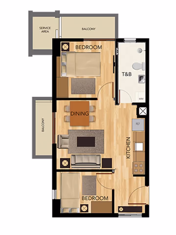 Two-bedroom Adria unit floor plan with spacious layout and separate living and dining areas