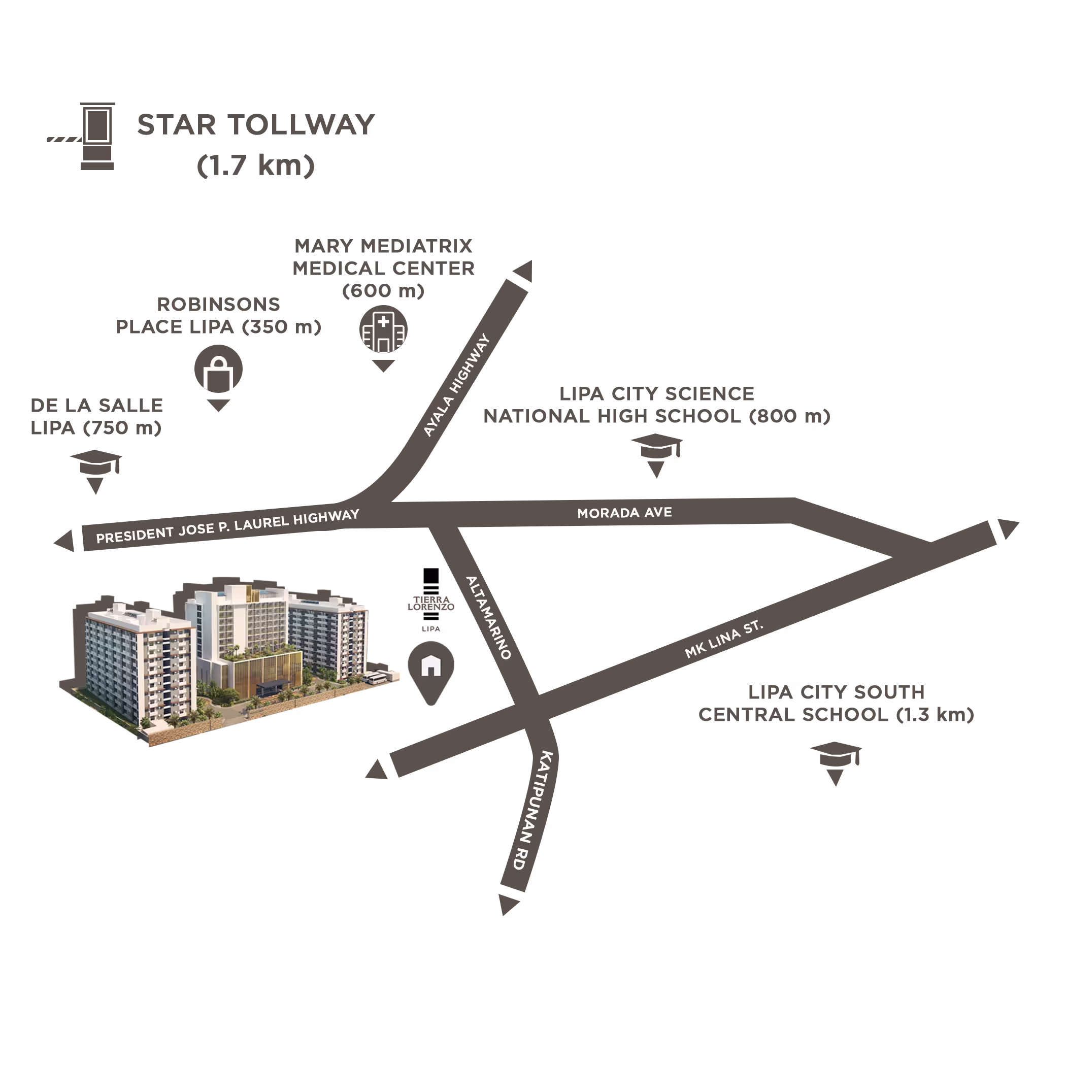 Adria location map highlighting nearby landmarks and main road access.