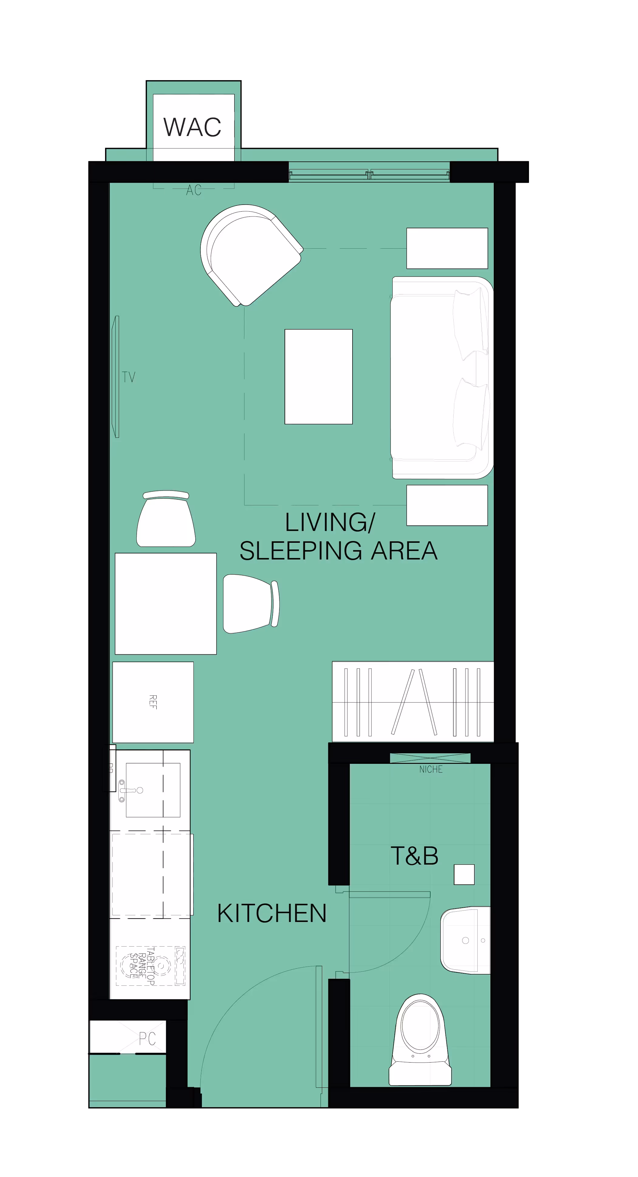 One-bedroom unit floor plan with separate living and dining spaces at Merano, Tierra Lorenzo Lipa.
