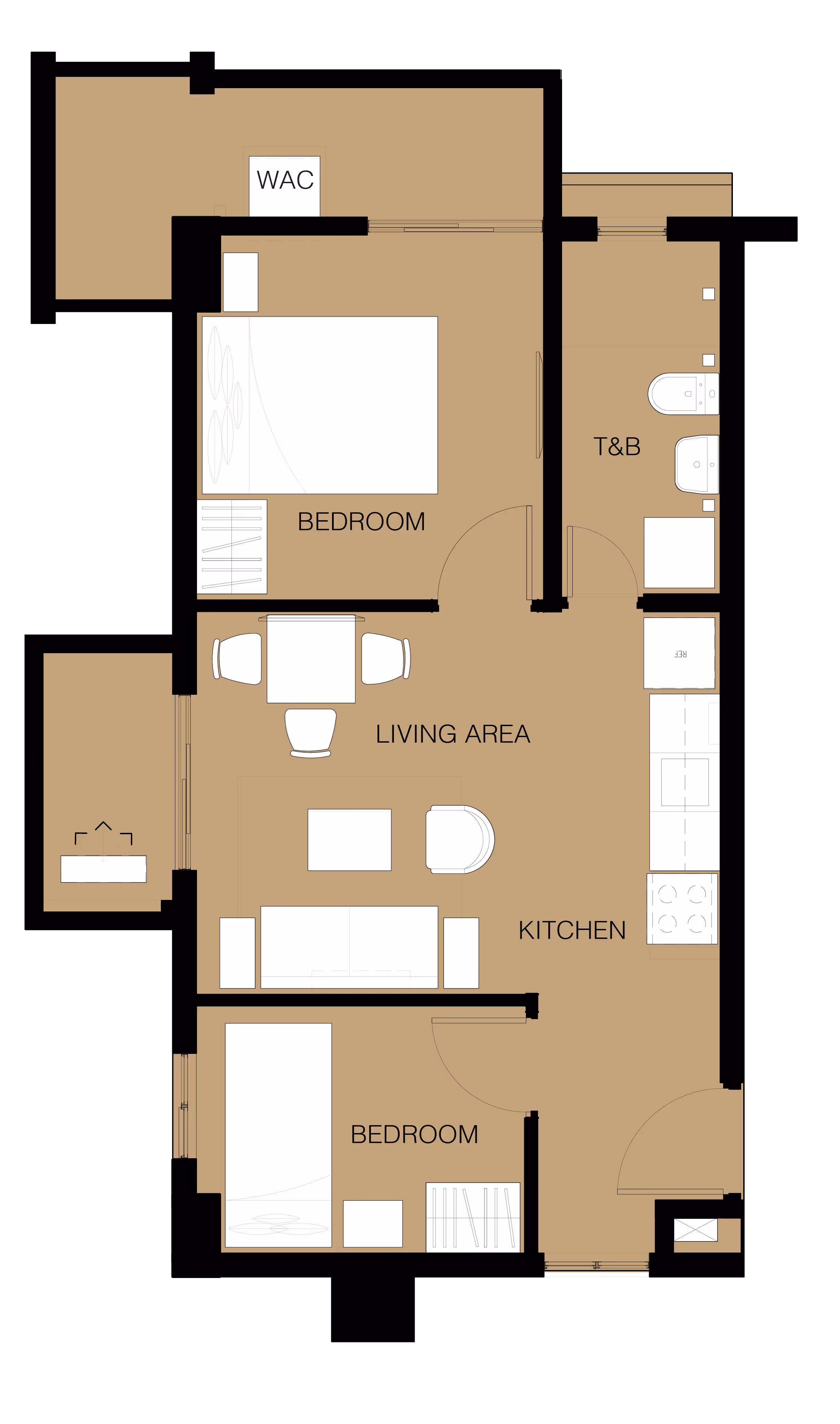 Two-bedroom suite floor plan with private living and dining areas at Merano, Tierra Lorenzo Lipa.