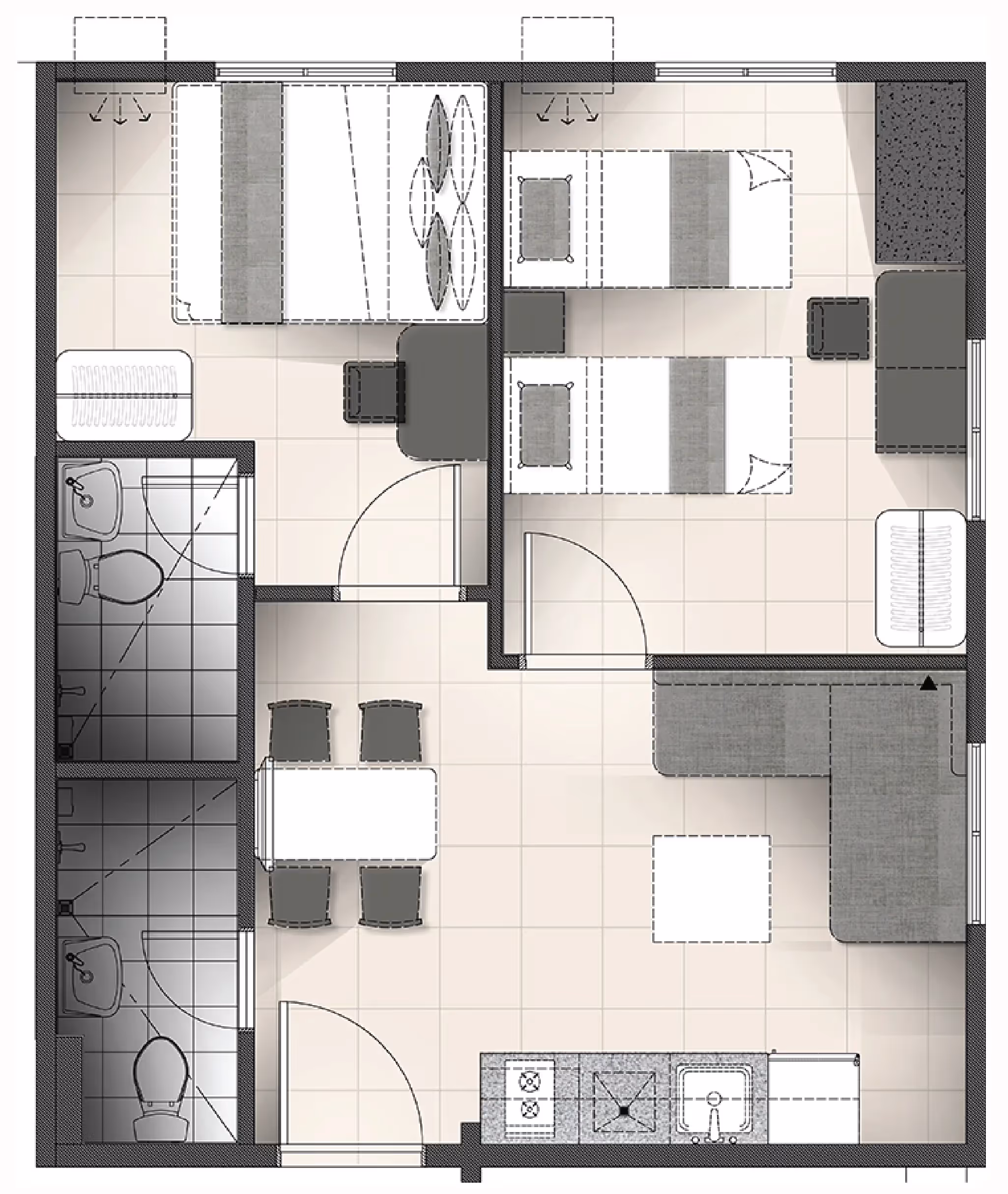 Apartment floor plan showing two bedrooms, two bathrooms, a kitchen, dining, and living area.