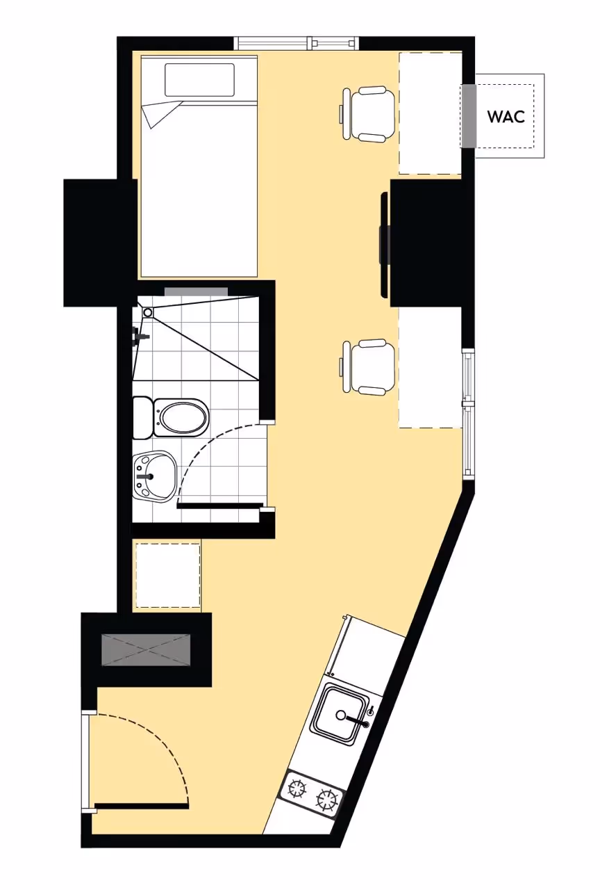Condo layout featuring one bedroom, a combined living and dining area, kitchen, and comfort room.