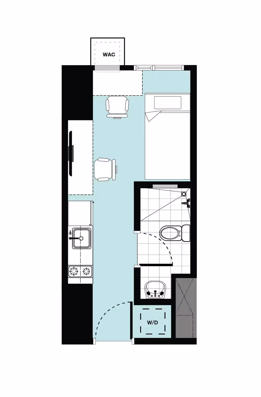 Condo floor plan with one bedroom, one comfort room (CR), and a kitchen area.