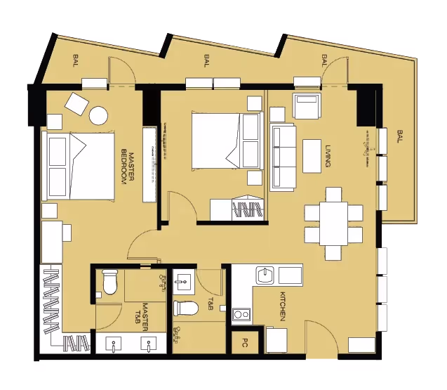 Floor plan of a two-bedroom condo with kitchen, living area, and balconies.