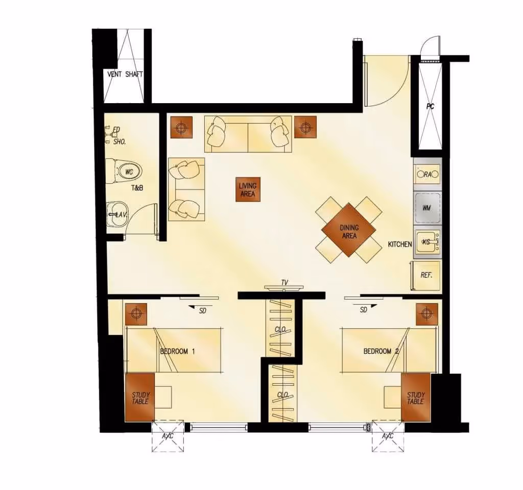 Two-bedroom unit floor plan of living space at 2Torre Lorenzo.