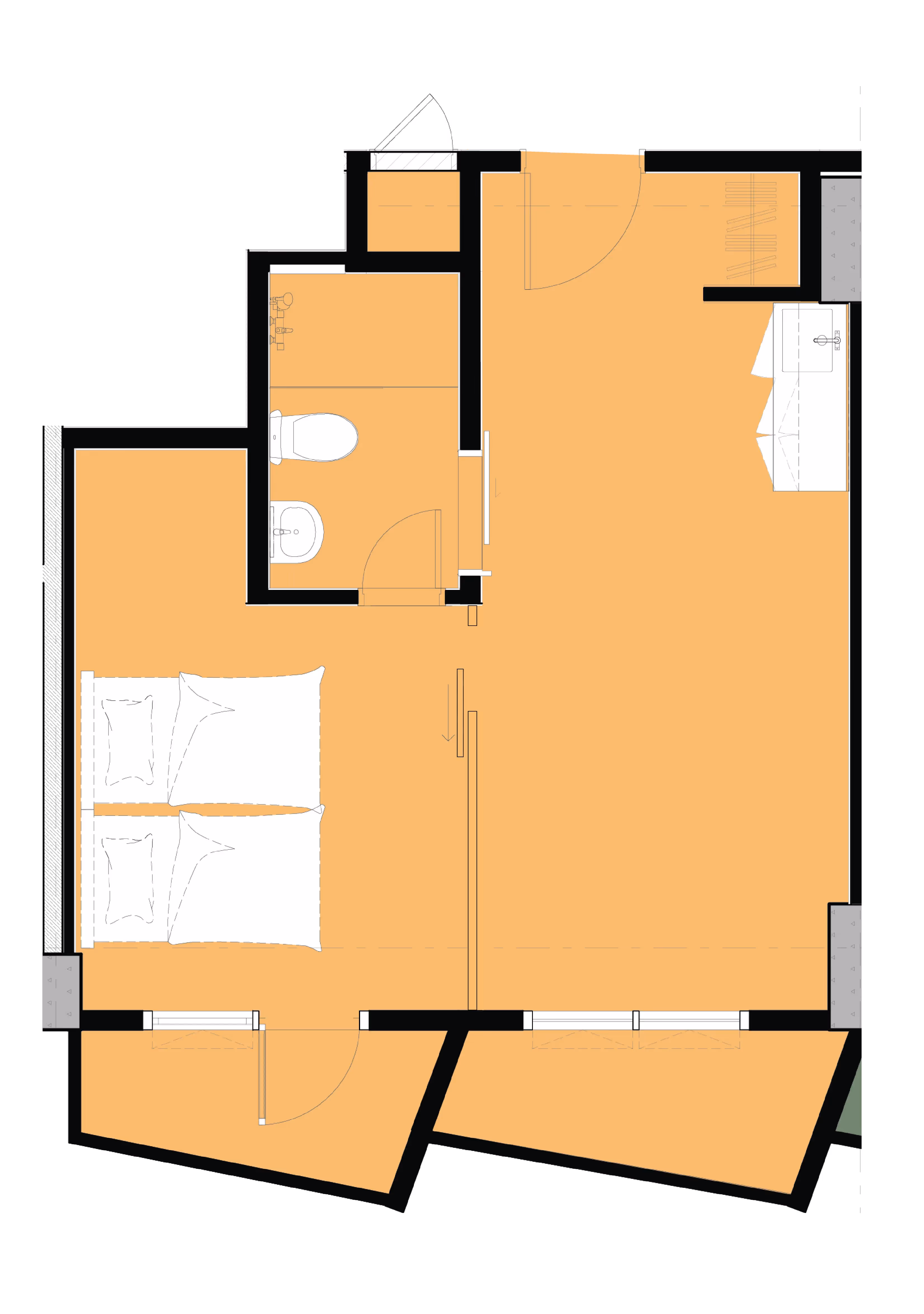 Crest Suites one-bedroom unit with a private bedroom, en-suite bathroom, kitchen area, and spacious living space with angled window walls.