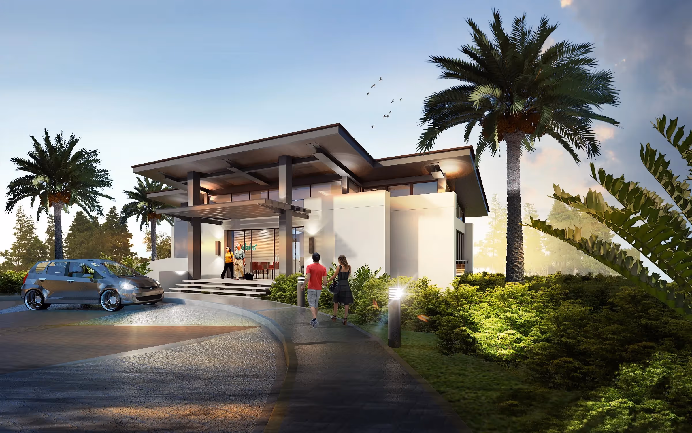 Ciudades Business Park visitors center building with modern architecture and surrounding landscaping.