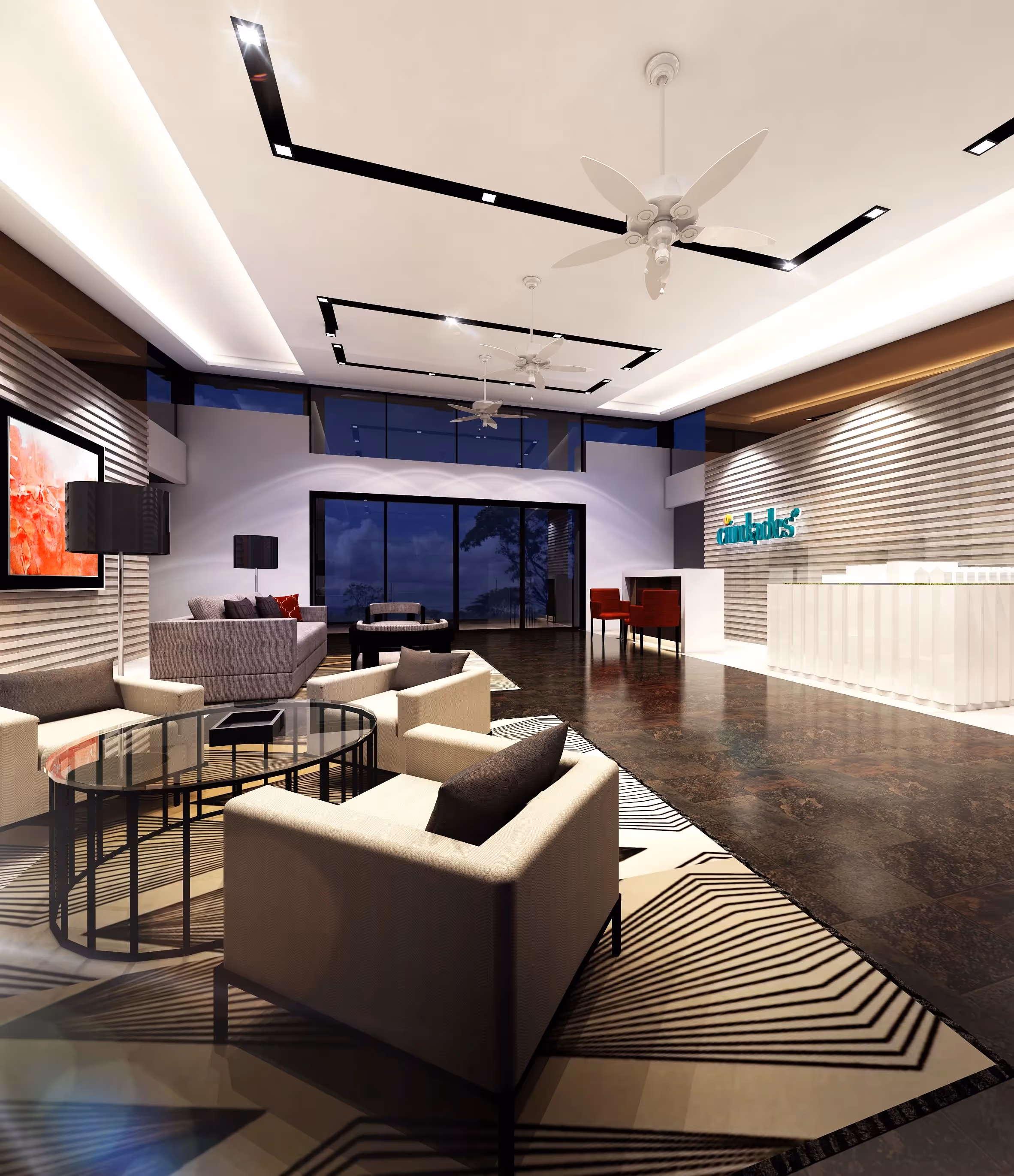 Lobby of Ciudades Business Park featuring modern design with seating areas, reception desk, and stylish decor.