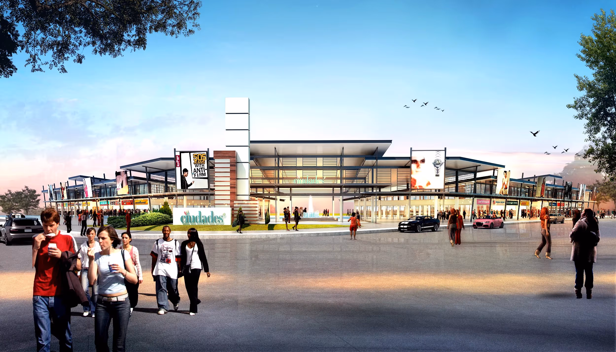 Plan layout of Ciudades Business Park featuring a recreational mall area with designated spaces for retail, dining, and entertainment.