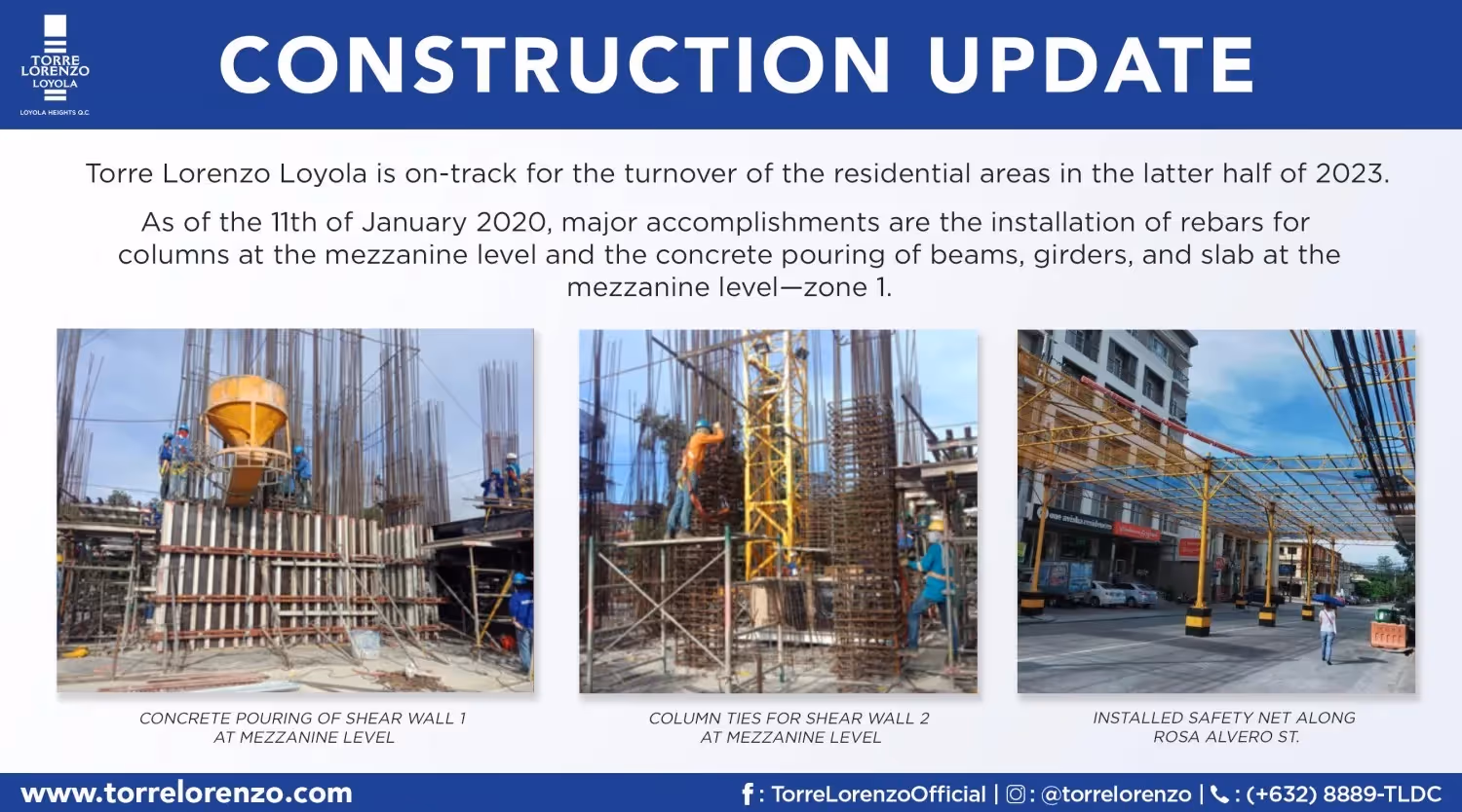 Construction progress poster with photos and details.