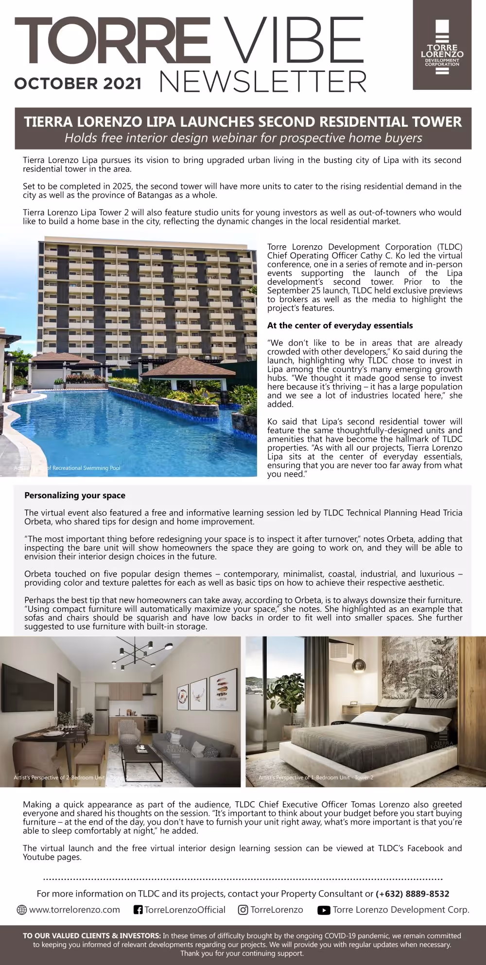 Newsletter cover detailing the launch of a new residential tower in Lipa, October 2021.