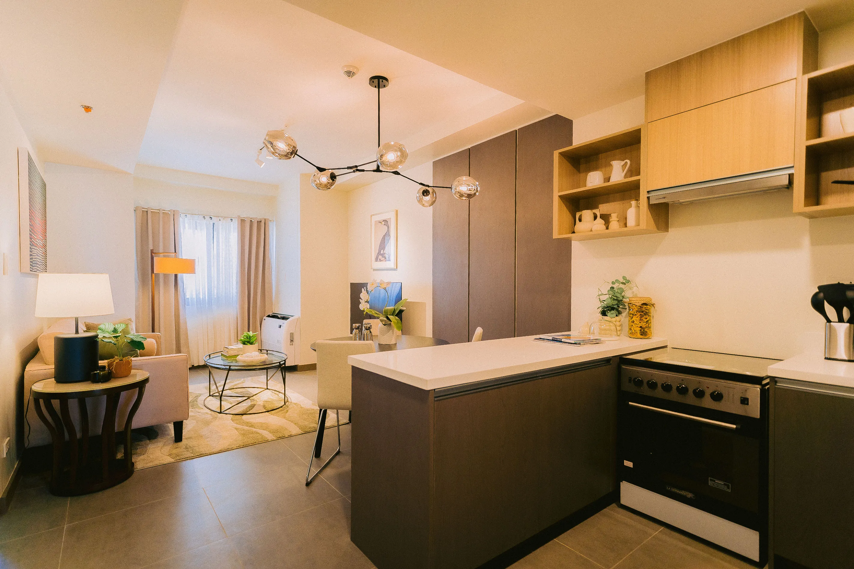Cozy apartment kitchen and living area