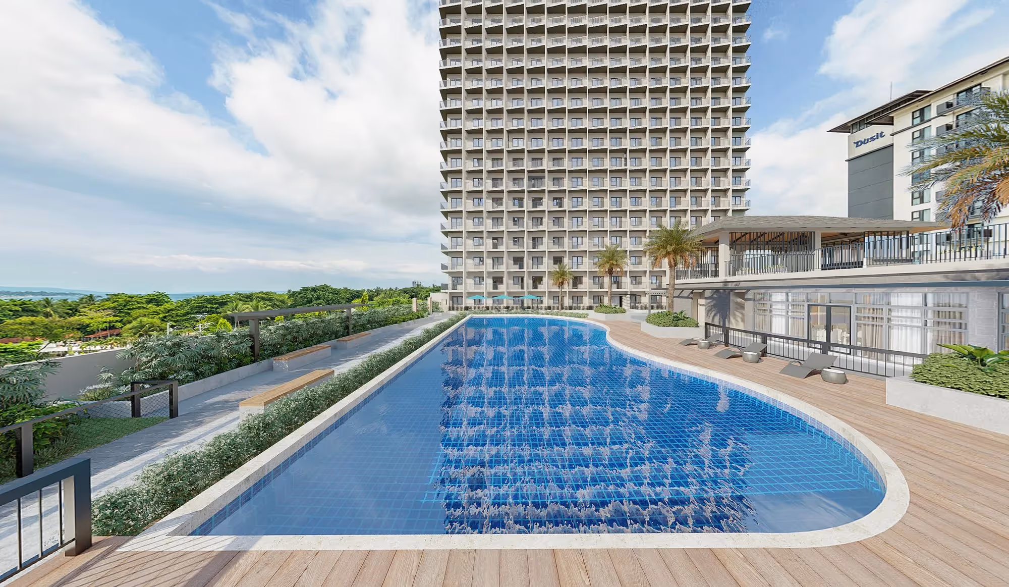 Outdoor swimming pool beside high-rise hotel