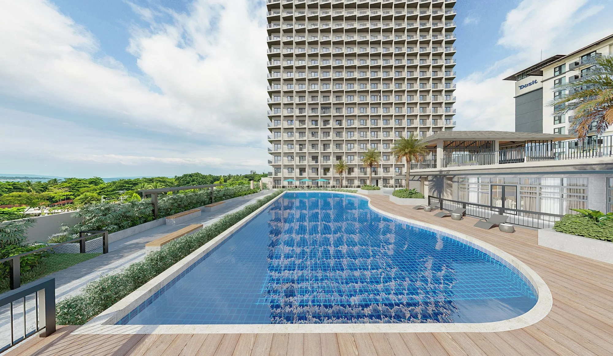 Outdoor swimming pool beside high-rise hotel