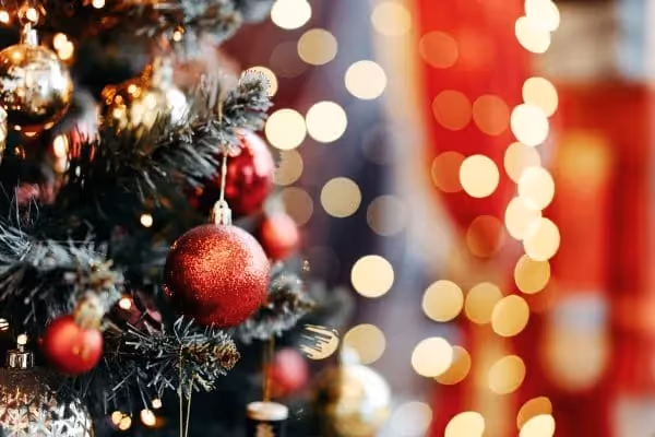 Close-up of decorated Christmas tree with red ornaments and lights