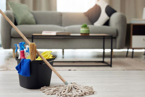 Professional home cleaning supplies in a modern living room.