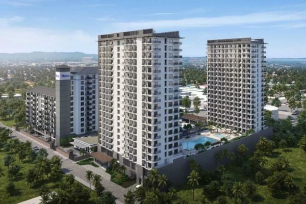 Aerial view of Torre Lorenzo Davao’s three modern high-rise buildings with balconies