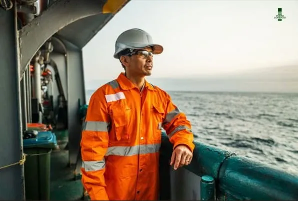 A man in an orange safety suit stands on a ship, representing OFW