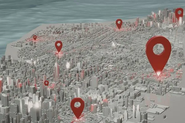 3D visualization of a city with red markers pinpointing specific condo living locations across the skyline.