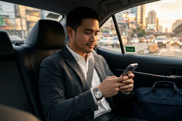 Professional using ride-hailing app during daily city commute