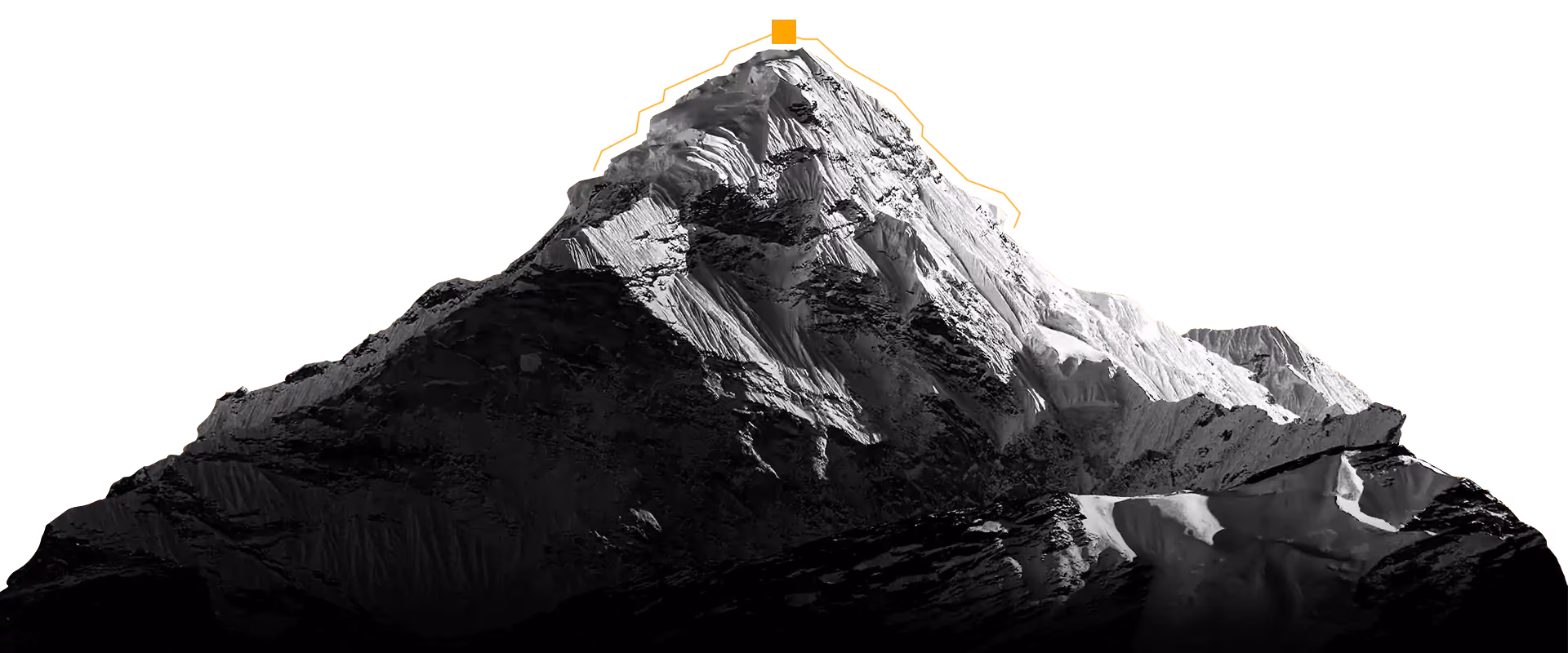 Schneebedeckter Berg mit orangefarbener Markierung entlang des Gipfels.