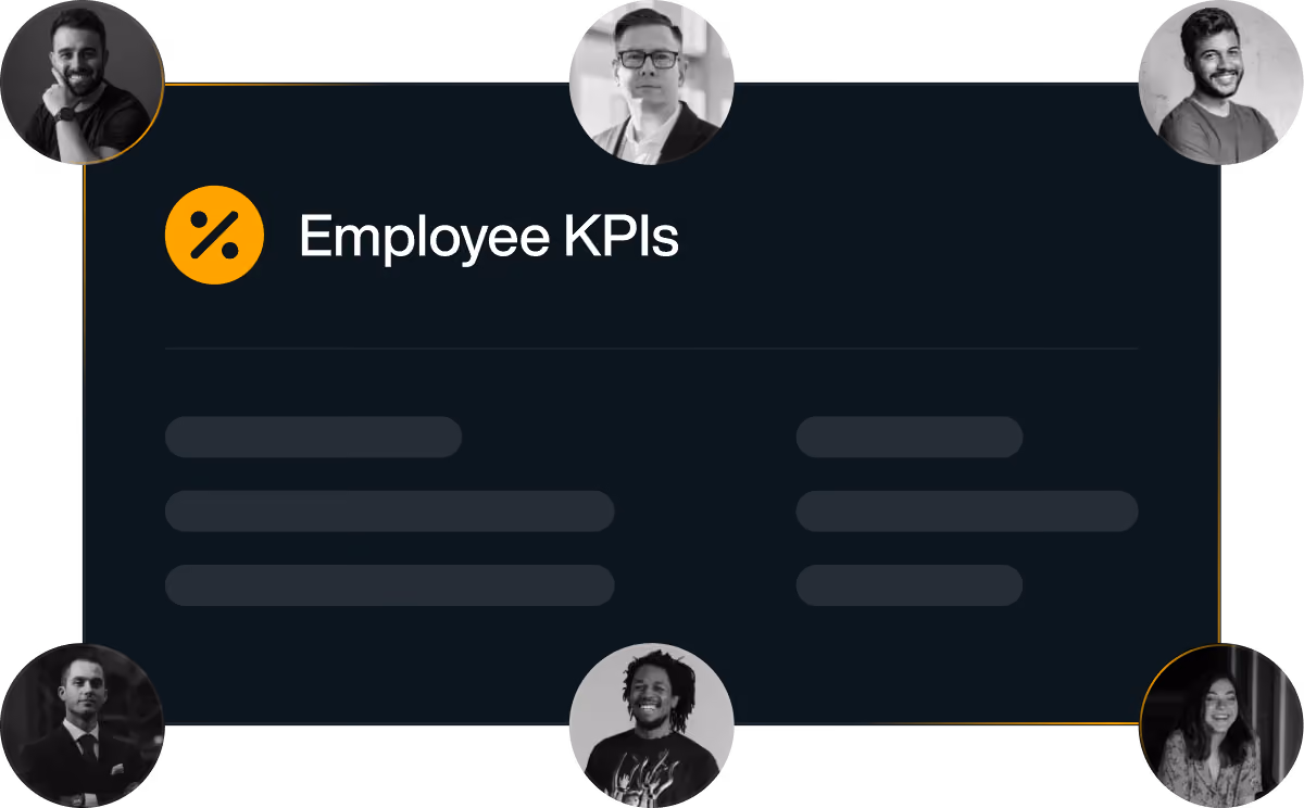 Illustration motivierter Mitarbeiter rund um ein gemeinsames Dashboard mit der Überschrift ‚Employee KPIs‘ – steht symbolisch für einheitliche Leistungskennzahlen und Teamzusammenhalt.