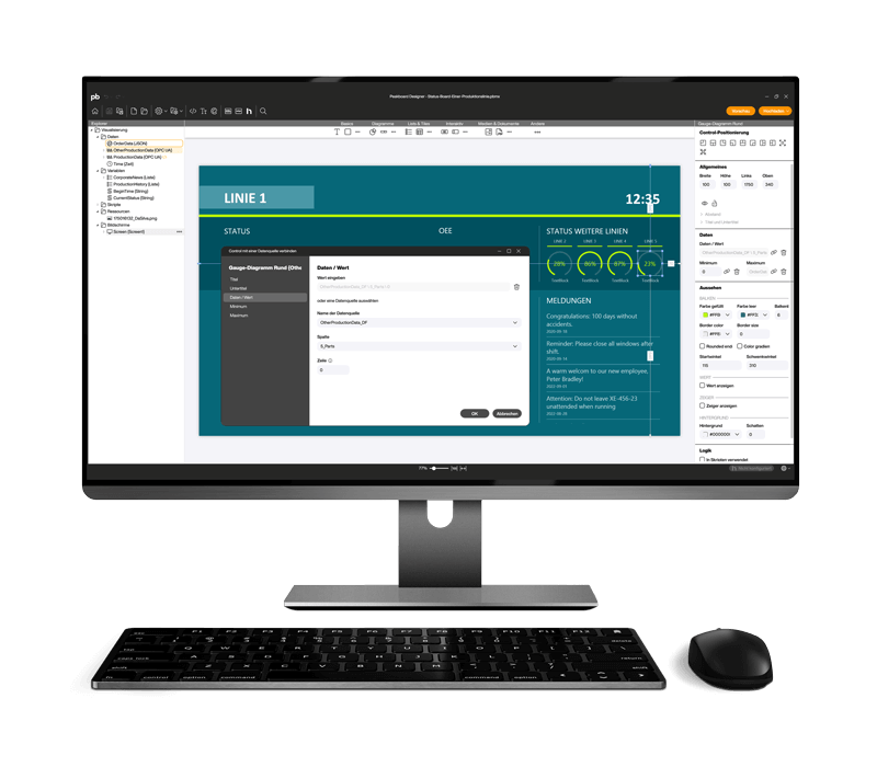 Create a production dashboard with Peakboard Designer on a desktop PC.
