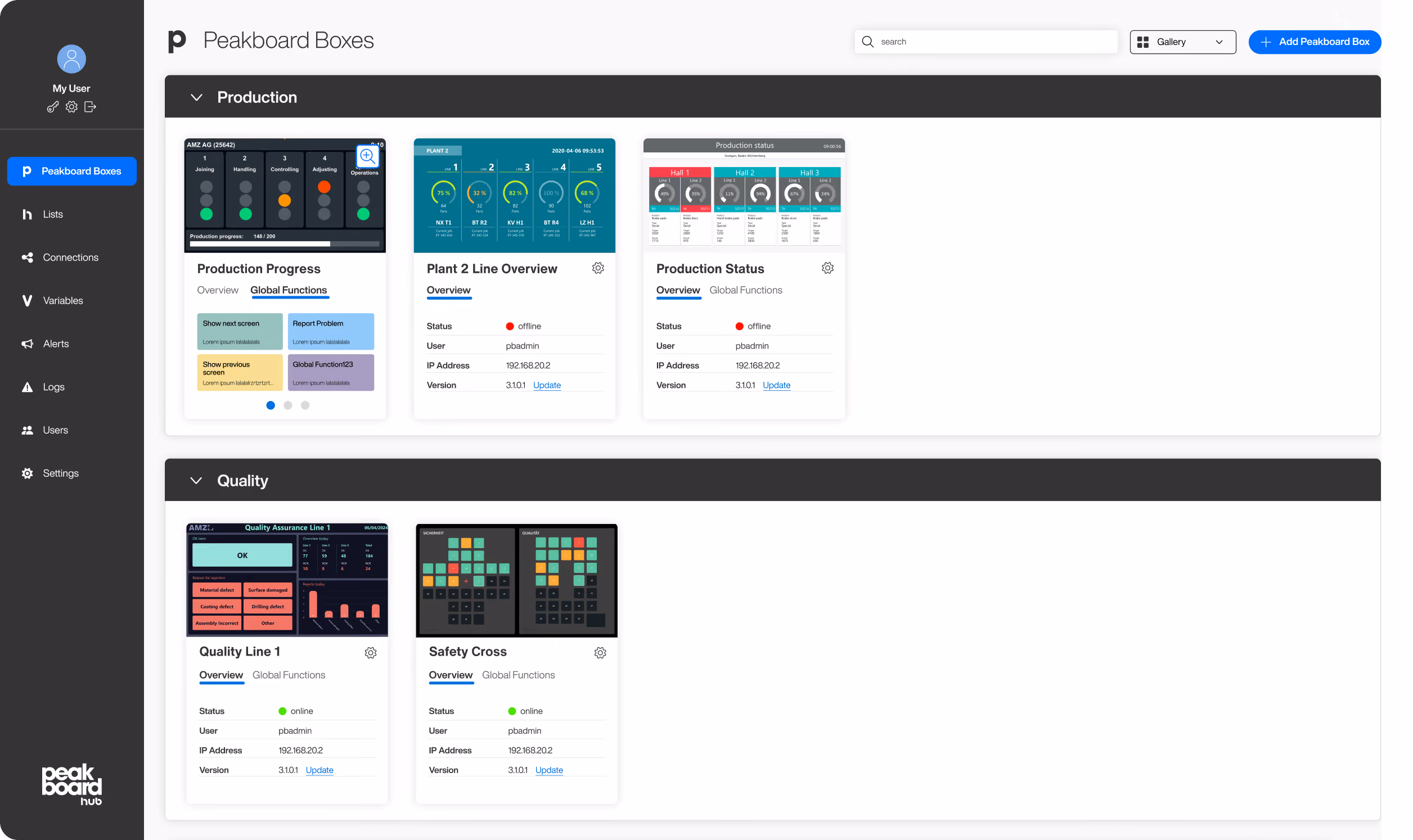 Screenshot der Peakboard Hub Plattform mit Übersicht aktiver Peakboard Boxen in den Bereichen „Production“ und „Quality“. Zu sehen sind Statusanzeigen, IP-Adressen und globale Funktionen zur Verwaltung von Geräten und Daten in Echtzeit.