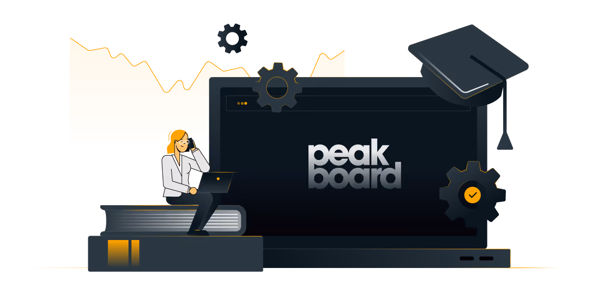 Person with laptop on book, in front of laptop with writing 'peak board, 'teeth and diagram in the background.