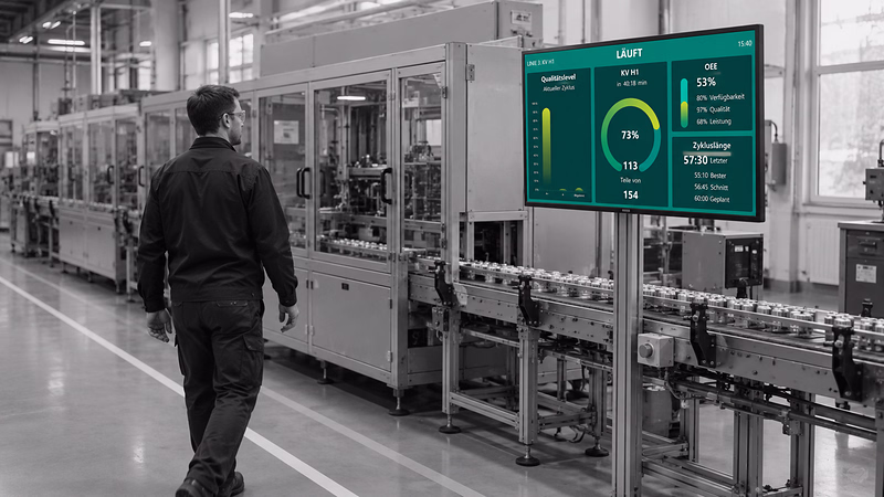 Peakboard-Bildschirm an der Produktionslinie mit Zykluszeit, Qualitätslevel und OEE der laufenden Schicht.