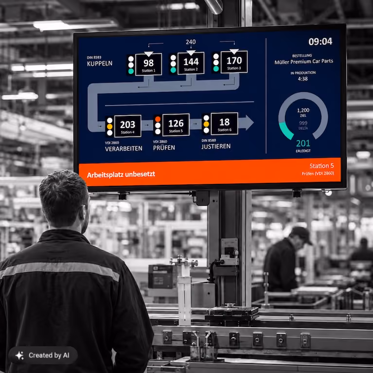Werker vor einem wandmontierten Peakboard-Display mit Stationsstatus, Soll-Ist-Zahlen und Störmeldung.