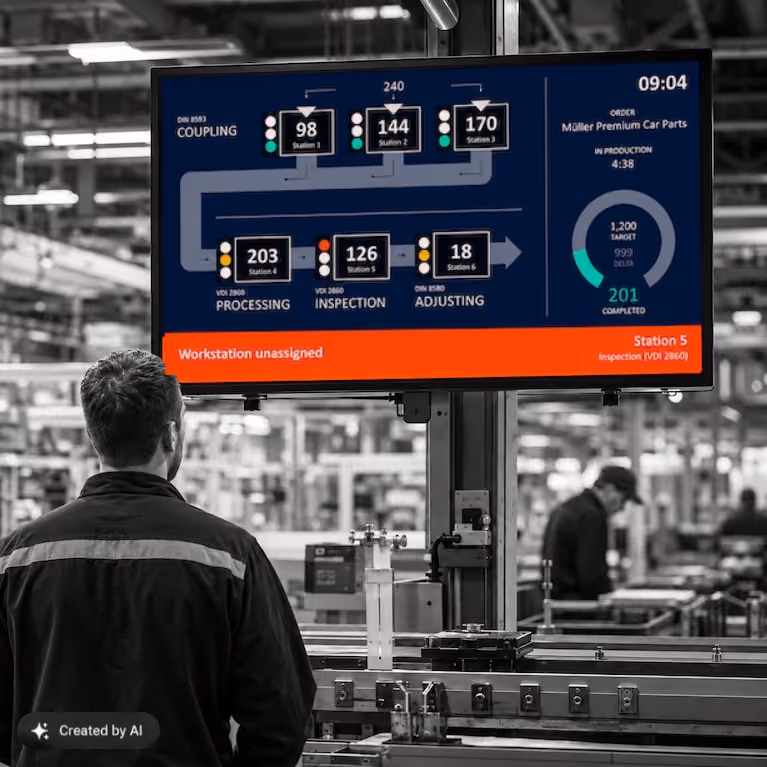 Worker at a wall-mounted Peakboard display showing station status, target-actual counts and a fault message.