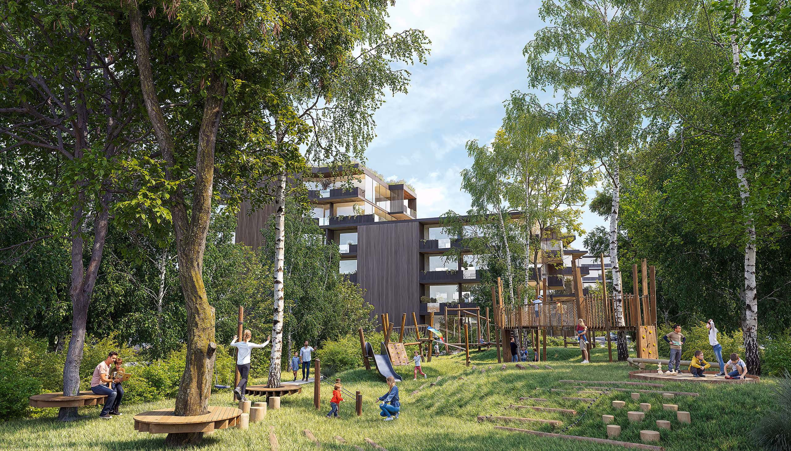 3D Konseptbilde av Moa Hageby. Lekeplass i naturlige omgivelser