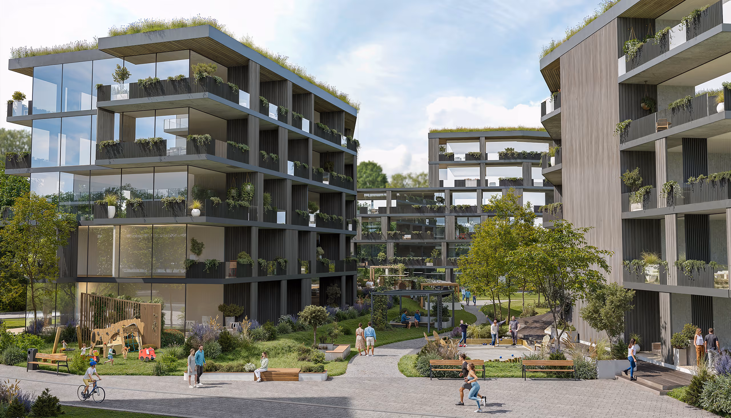 3D Konseptbilde av Moa Hageby. Moderne boligblokker med store glassvinduer og balkonger fylt med planter omkranser en anlagt gårdsplass der folk går tur, sitter på benker og barn leker på en lekeplass under en delvis overskyet himmel.